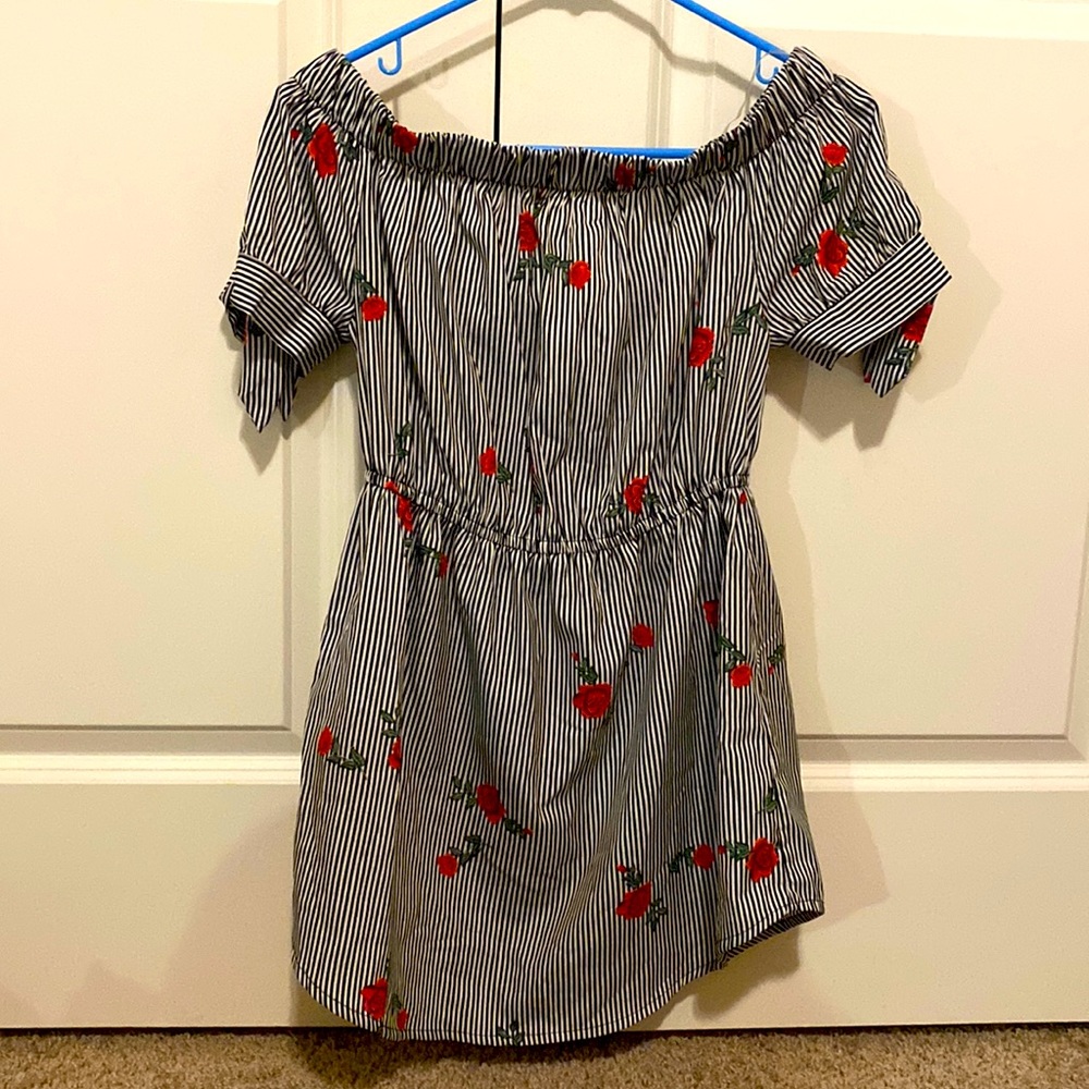 Black and White Striped off the shoulder dress with red roses